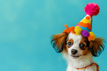 Dog Wearing Birthday Hat. Birthday Dog. Happy Cute Scruffy Dog Celebrating With Birthday Party Hat, Blue Background With Copy Space To Side. Funny Party Dog Wearing Colorful Hat