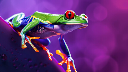 Wall Mural - Green frog in a jump, symbol of the day in leap year, celebrating frog jump event on February 29. Bright purple background, copy space