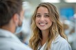 © P - A young, smiling dental professional in a white coat poses in a clinic, her cheerful presence suggesting a comfortable and reassuring patient experience.