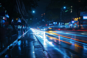 Depict motion blur of the city night life where the blue thunder lightning illuminating the deserted streets