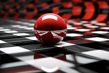 A Red Ball On A Black And White Checkered Surface