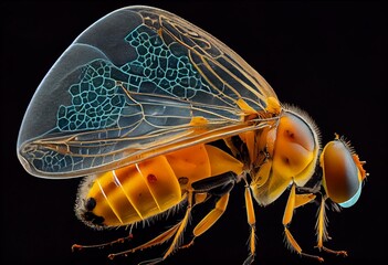 On the surface of a banana fruit, a fruit fly or vinegar fly (Drosophila melanogaster). Generative AI