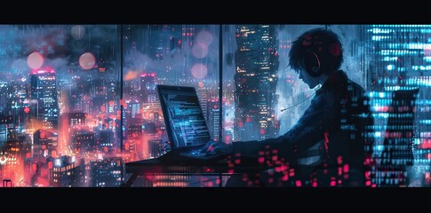 Male coder programming at night with city light reflection on laptop screen