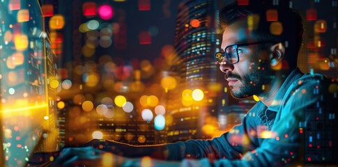 Programmer working on laptop with city lights creating reflection on screen at night