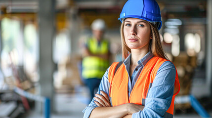 Wall Mural -  A determined female engineer in a blue hard hat and reflective vest stands with crossed arms at a construction site, with a colleague in the background.