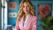 Business woman wearing pink blazer with office background, Ai generated image