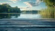 Tranquil lakeside elegance: Wooden jetty embraced by the beauty of lush greenery.