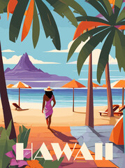 Wall Mural - Hawaii Travel Destination Poster in retro style. Exotic Tropical ocean beach landscape with mountains and exotic plants vintage print. Summer vacation, holidays concept. Vector colorful illustration.