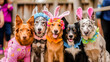 Five cheerful dogs dressed in colorful costumes and party hats, showing off their playful and festive spirit.