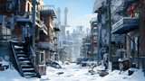 Fototapeta Uliczki - Urban back walk on snow-covered streets