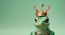 Frog On A Green Pastel Background With A Crown On Its Head, With Space To Copy
