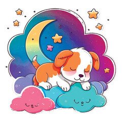 Poster - Cartoon colorful drawing sleeping little happy puppy on clouds with stars and moon. Decorative hand drawn doodle little dog for prints, fabric, cards, textile, wallpapers, clothes design