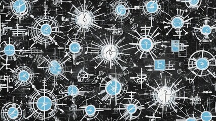 Wall Mural -  pattern with lightning flowers lightning A black background with a collage of math symbols and formulas in white, blue,  