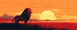 Male lion in the African savanna at sunset, panoramic view, illustration generative AI
