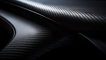 Close-up macro photo of dark, cool carbon fiber material on a red sports car's curves.. Light is reflecting off the material, creating a bright contrast.