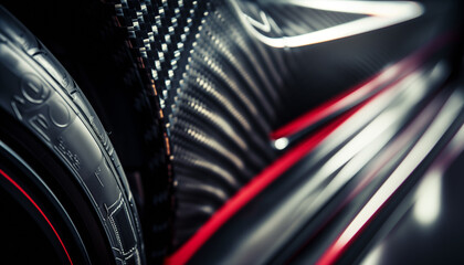 Wall Mural - Close-up macro photo of dark, cool carbon fiber material on a red sports car's curves.. Light is reflecting off the material, creating a bright contrast.