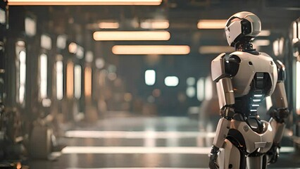 Artificial intelligence Robot back view, concept of globe network internet. Smart, technology lab room