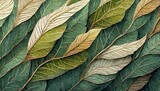 Fototapeta  - Podłużne liście w różnych odcieniach zieleni nakładające się na siebie. Tapeta, tło