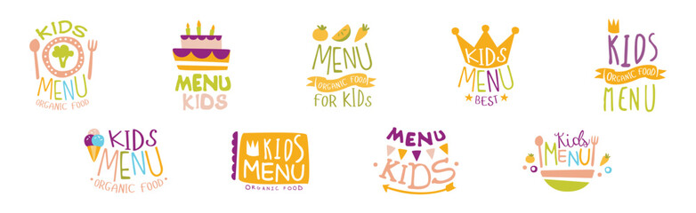 Wall Mural - Kids Organic Menu and Food Label Vector Set