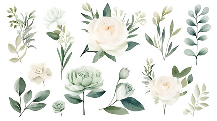 Watercolor rose illustration set. White flowers, green leaves individual elements collection. For bouquets, wreaths, wedding invitations, anniversary, valentine day and birthdays