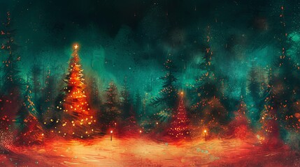 Wall Mural - Christmas tree field with lights and lights on it, in the style of vibrant watercolor landscapes, dark red and cyan, dreamlike whimsy, dark turquoise and light amber, detailed painting.