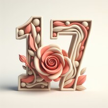 Romantic Style Number Seventeen With Rose Text Design. 3D Minimalist Clay Number Text Design.