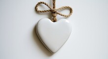 A White Heart Hangs On A Rope Against A Wire Background, Representing Deconstructed Minimalism, Minimalist Backgrounds, Polished Craftsmanship, And Eye-catching Tags.