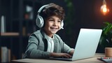 Fototapeta Tulipany - Happy indian young girl student wear headphone watch webinar listen online course communicate by conference video call e learn language in app laugh study with teacher lesson look at laptop at home