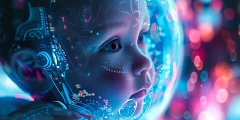 Wall Mural - futuristic child with digital interface surrounding head, concept of ai childhood. contemporary art 