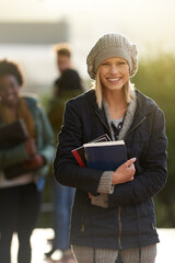 Poster - Student, happy woman and portrait with books on campus, education and learning material for studying. Scholarship, smile at university for academic growth, textbook or notebook with knowledge outdoor