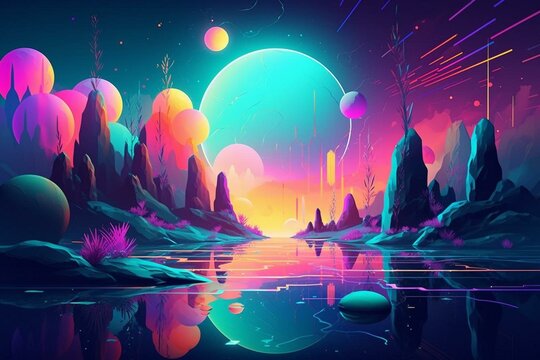 An abstract landscape with colorful neon hues, featuring circular and geometric shapes immersed in water, against a dreamy space background. Generative AI