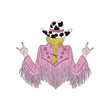 © AngellozOlga - Groovy blond cowgirl from the back in a cow spotted hat and pink leather jacket with fringe vector illustration isolated on white. Retro disco 60s 70s 80s wild west fashion print poster postcard