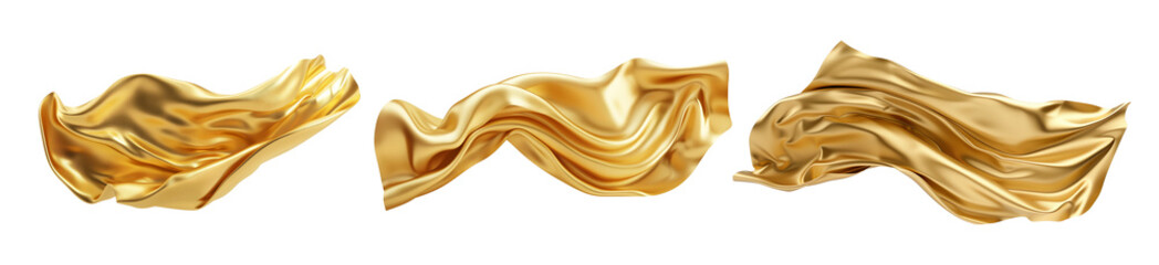 Three set of gold silk fabric cloth material flying in the wind isolated on white or transparent background. PNG. 3d golden luxury silk cloth. Waving satin cloth. 