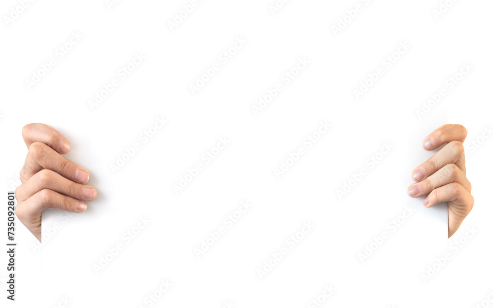 Hands holding a white blank board, information sign isolated on white ...