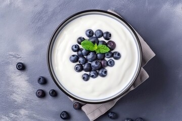 Wall Mural - Delicious yogurt with blueberries. Plain white Greek yogurt with fresh berries and muesli. Healthy food, breakfast. View from above