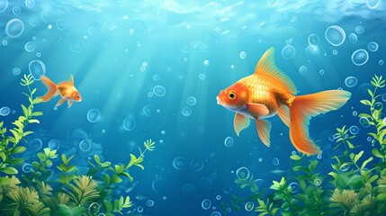 Wall Mural - Beautiful goldfish swimming in vibrant underwater scene. ideal for children's book illustration. serene and playful aquatic life. AI