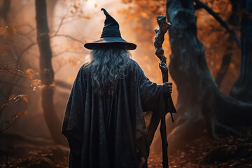 Poster - Generative AI picture of old man halloween fairytale character in fantasy mysterious forest
