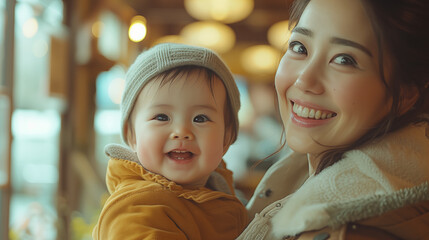 Wall Mural - Happy asian mother and baby in outdoor cafe. Family lifestyle concept.