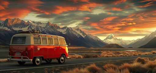 Wall Mural - Highway through the White Mountains in New Hampshire with a camper van. AI generated illustration