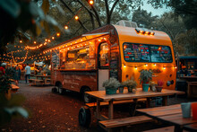 Colorful Food Truck At An Outdoor Festival With Cheerful People At Wooden Tables Eating And Drinking.