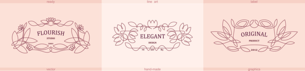 Wall Mural - Three unique emblems with floral decoration in vintage Victorian style. Elegant floral frame in line art style. Vector template
