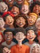 © StasySin - The image features a variety of stylized animated characters grouped closely together, exhibiting a range of joyful expressions. Each character is unique, with different skin tones, hair styles, facia