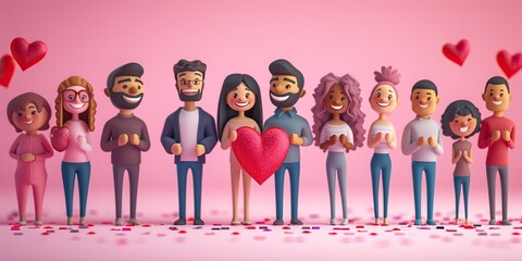 The image depicts a cheerful collection of 3D animated characters standing in a row against a soft pink background sprinkled with smaller hearts. Each character is unique in appearance, showcasing a r