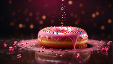 Juicy Donut With Pink Glaze And Sprinkles On Dark Background With Bokeh. Sprinkling In Levitation