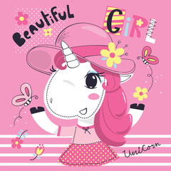 Wall Mural - Beautiful unicorn girl in dress and summer hat on striped background illustration vector.