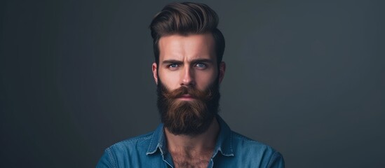 Canvas Print - Portrait of a handsome bearded man in a casual blue shirt looking confident and stylish