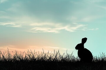 Wall Mural - a silhouette of a rabbit sitting in the grass at sunset