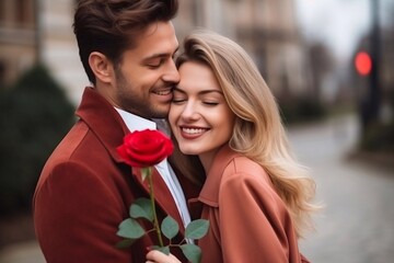 Beautiful and happy young woman in love hugging her boyfriend holding a red rose