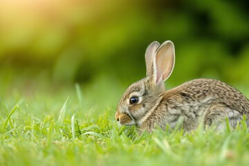 Wall Mural - A small wood rabbit is sitting in the grass, gazing at the camera
