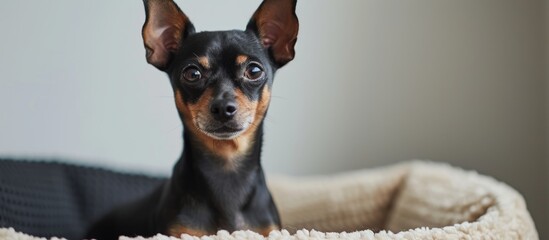 Sticker - Adorable small dog sitting comfortably and peacefully in a fluffy cozy bed at home